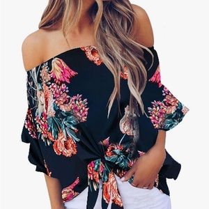 Casual Boho Floral Print 3/4 Flare Sleeve Blouse Off The Shoulder